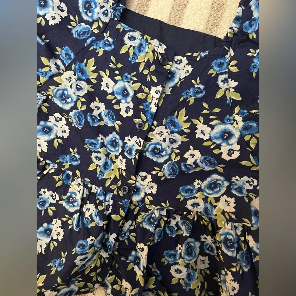 🦋 Girls 2 Piece Outfit Set - Floral Peplum Top & Light Blue Wide Leg Pants - Picture 5 of 7